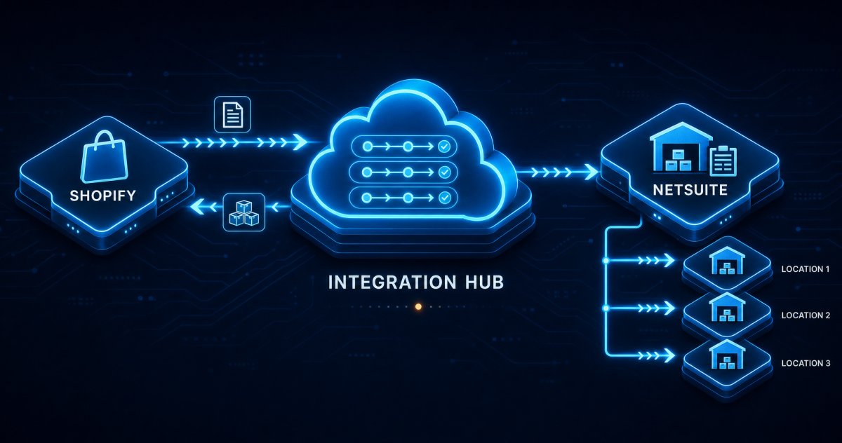 Shopify and NetSuite connected through a central Aonflow integration cloud, with orders flowing one way and multi-location inventory levels flowing back