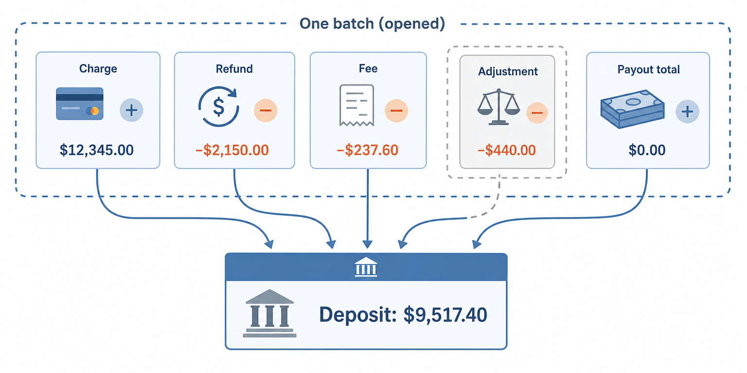One Shopify payout unpacked into its parts: charges and refunds drawing down the clearing account, fees posting to bank charges, adjustments held separately, and the net total landing in the bank as one deposit