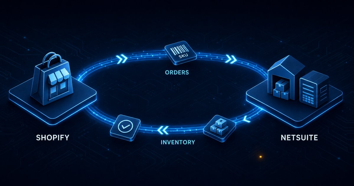 Shopify and NetSuite connected in a loop, with orders flowing one way and inventory levels flowing back in near real-time