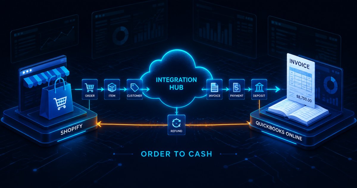 Shopify orders flowing through a central integration hub into QuickBooks Online, with a separate amber return path for refunds