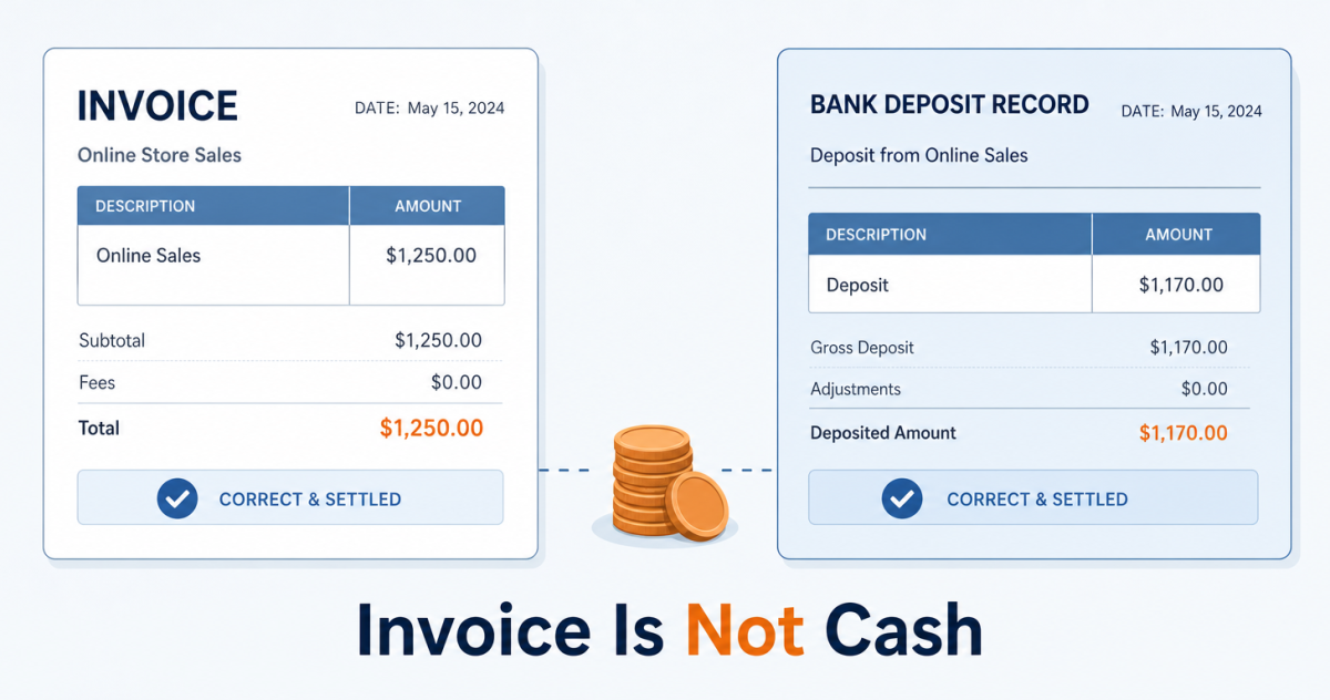 The invoice total and the bank deposit for the same trading day are different figures, because the payout arrives batched and net of fees
