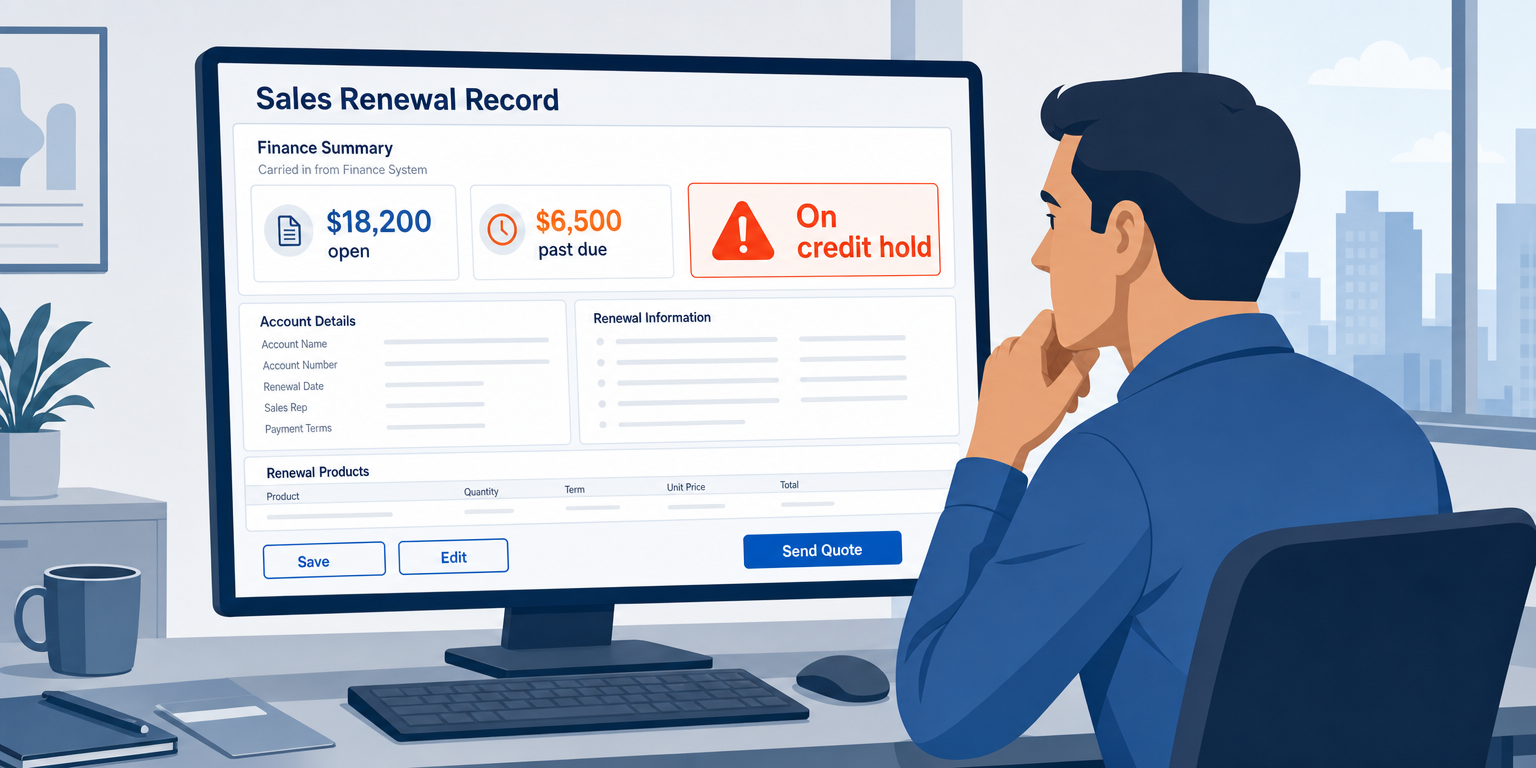 A renewal opportunity showing three read-only finance fields carried from Business Central: an open balance, a past-due amount, and a credit-hold flag