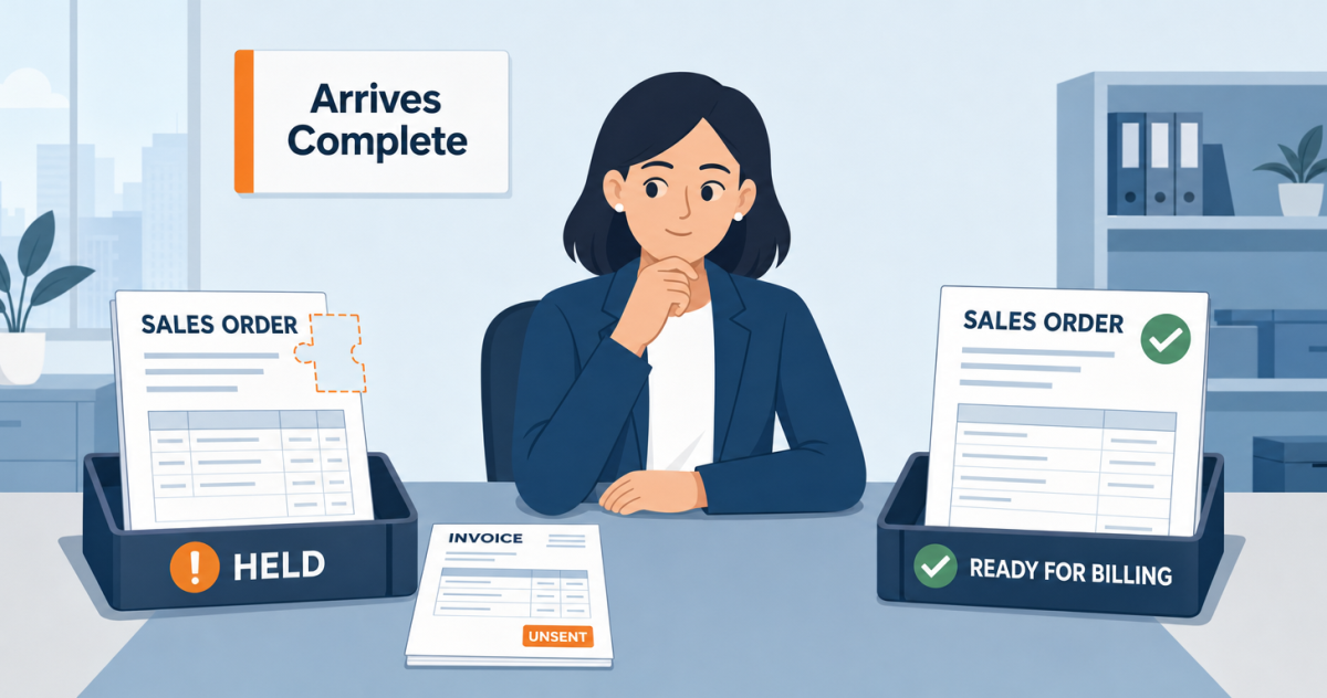 Quote-to-cash gets shorter when the sales order arrives complete, not when it arrives faster: one order sits held with its invoice unsent while a complete order moves straight on to billing.