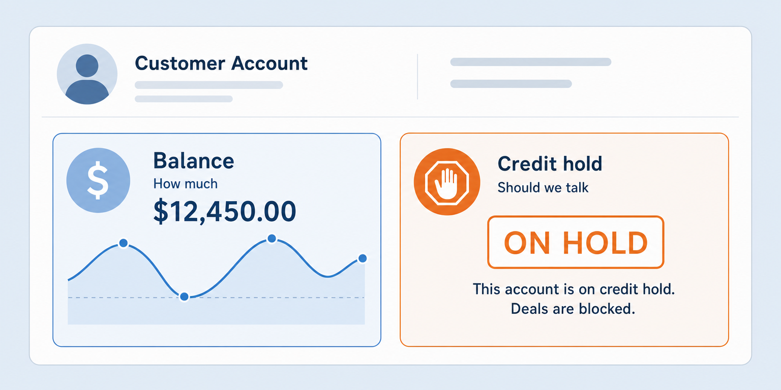 Two read-only signals on a Salesforce account: a customer balance that rises and falls with invoices and payments, and a credit hold that stops the deal regardless of the balance.