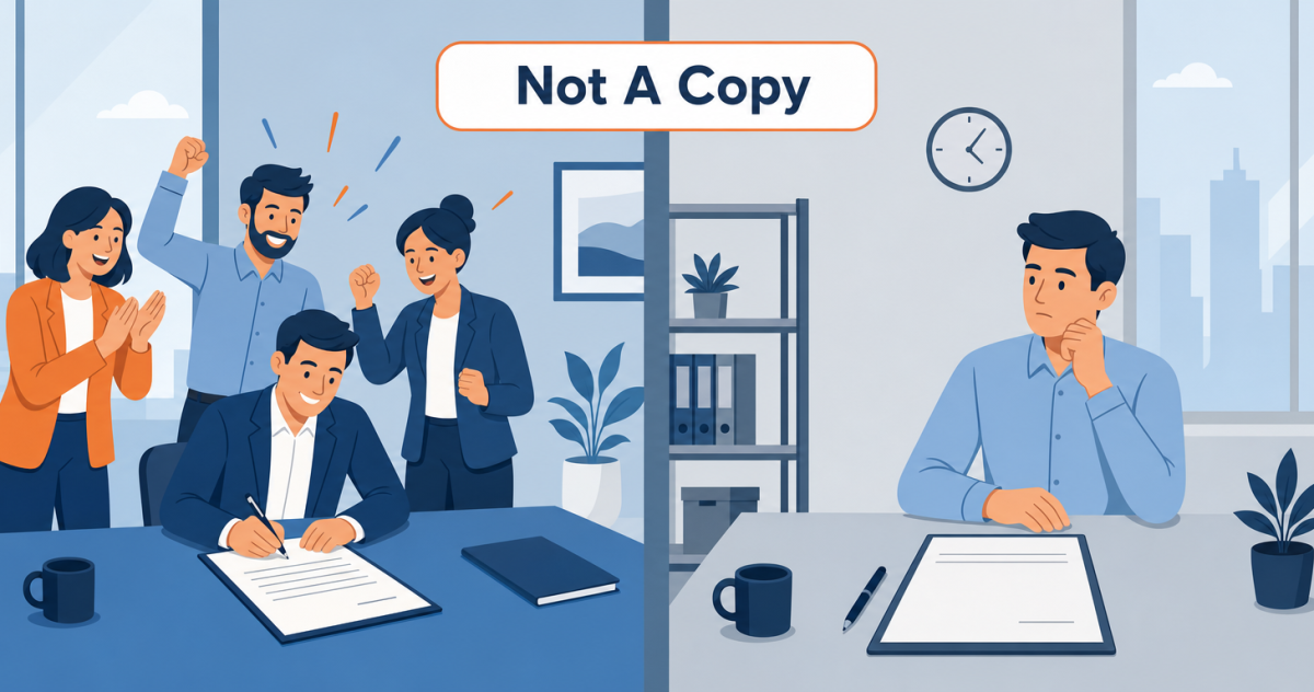 A signed agreement being celebrated on one side of an office while a colleague waits at a blank order form, because a closed-won opportunity and a sales order are two different documents, not a copy of one another
