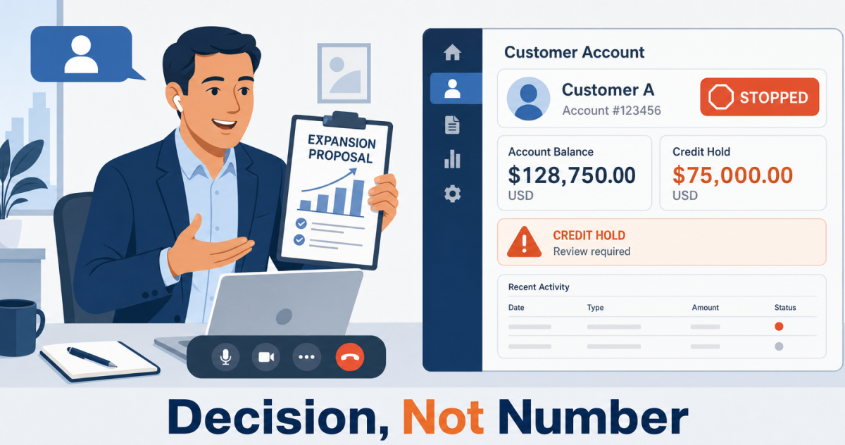 A renewal owner offering an expansion while the same customer sits on credit hold in the finance system, with the balance and hold unseen on the call.