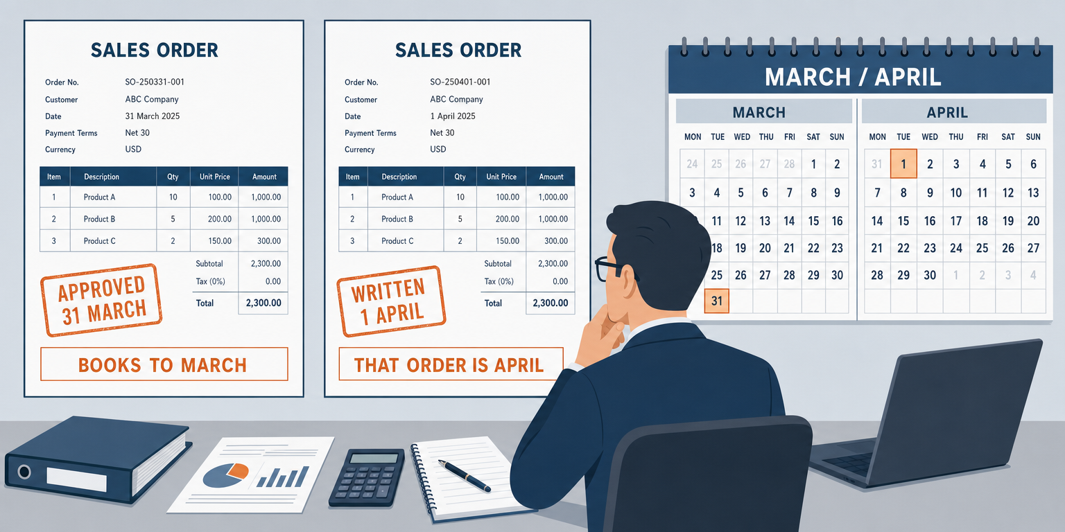 Period cutoff on a sales order created from an approved quote: an order approved at 6:10 pm on 31 March books to March when dated from the approval timestamp, and to April when the transaction date is left to default to creation time after an overnight retry.