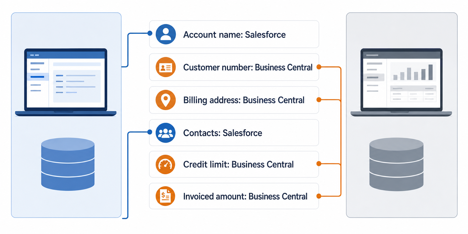 Six fields split by owner in a Salesforce and Business Central integration: Salesforce owns account name and contacts; Business Central owns customer number, billing address and payment terms, credit limit and blocked status, and order total and invoiced amount.