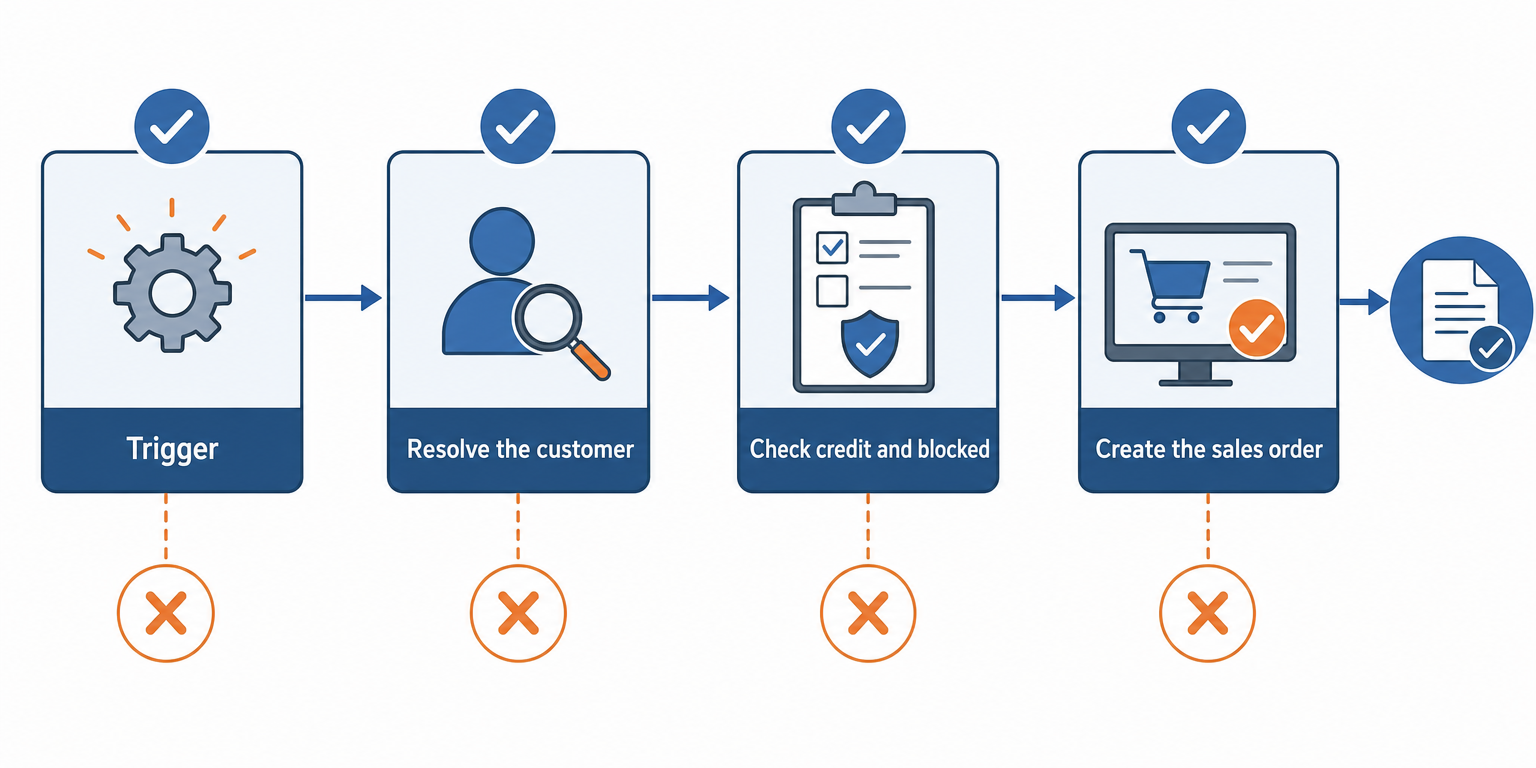 The four-step handoff from a won Salesforce opportunity to a Business Central sales order: trigger on Closed Won, resolve the customer by identifier, check credit and blocked status, then create the order and write the number back.