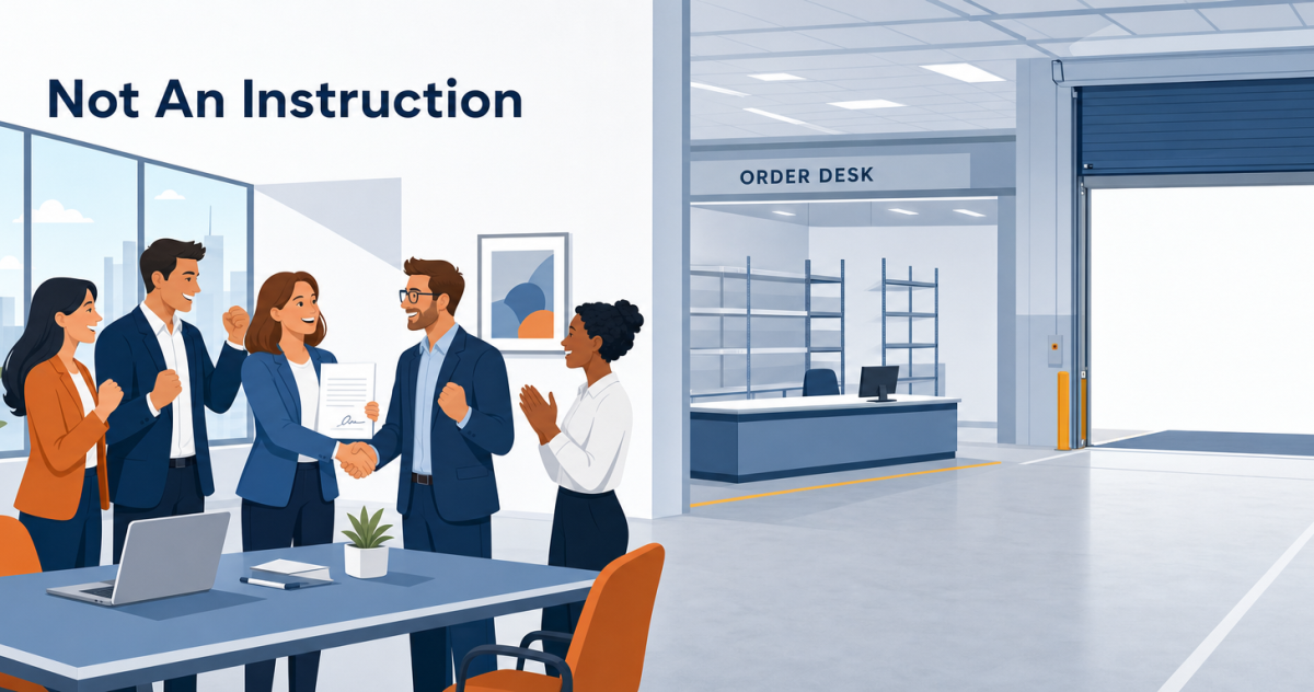 A deal marked won on one side and an operations desk with no order to fulfil on the other