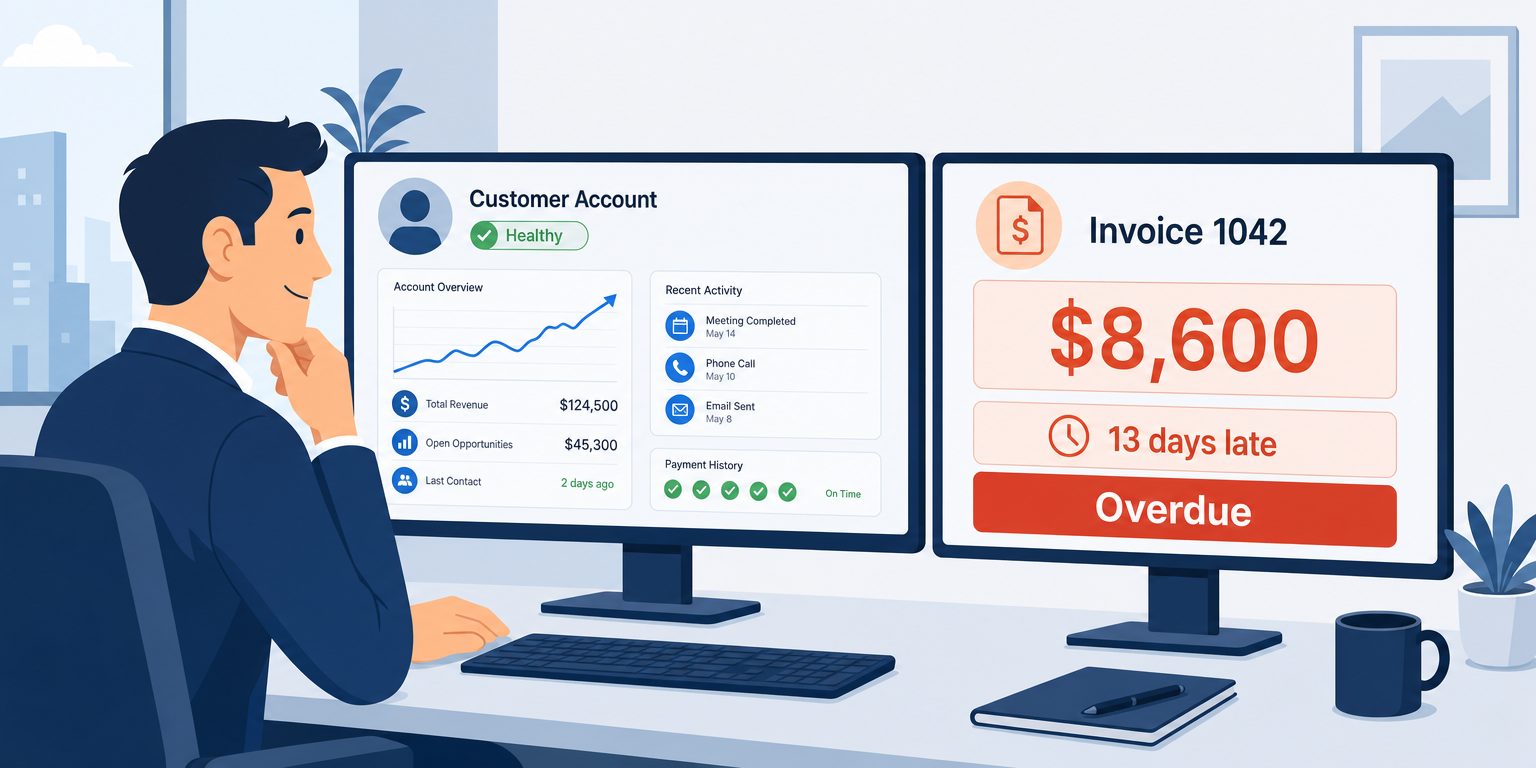 A rep working a healthy-looking Salesforce account beside the same account showing invoice 1042 for $8,600, 13 days overdue