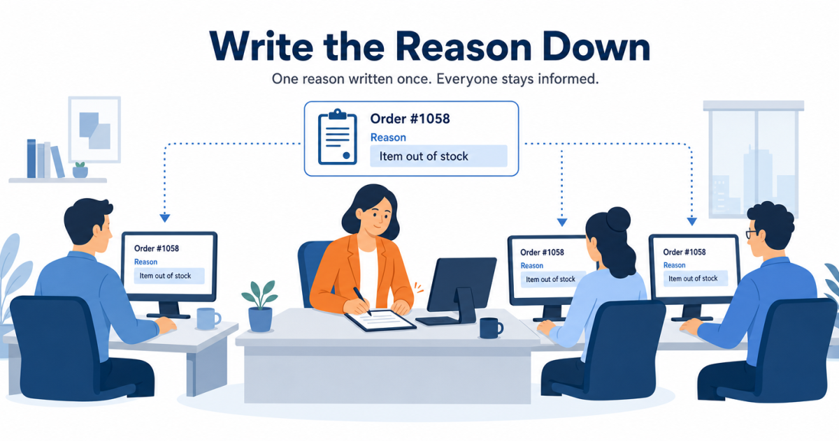 Questions to operations stop when the delay reason is written once on the order, where sales and support can read it, instead of being answered again for each person who asks.