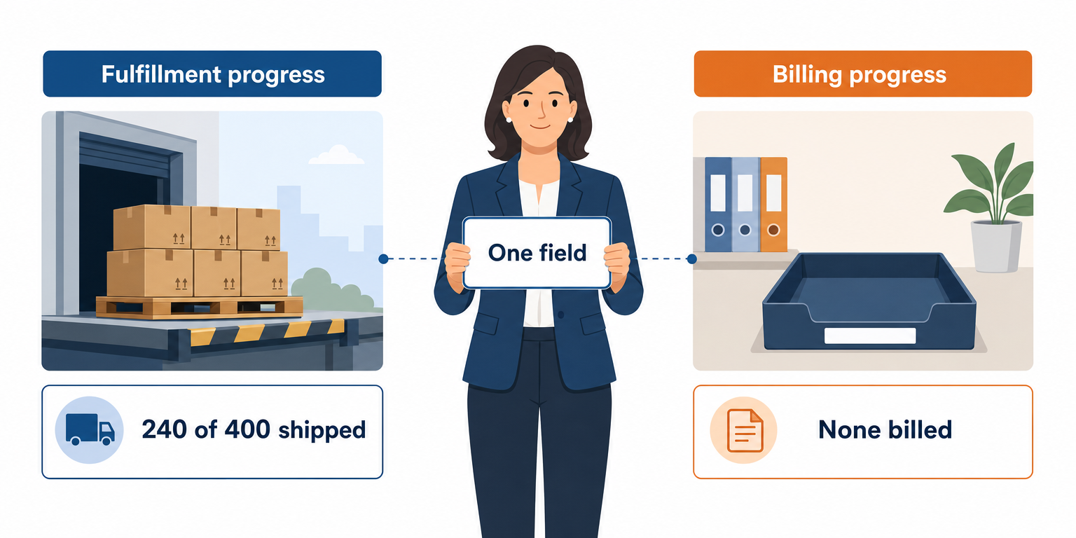 One NetSuite sales order status carries two separate answers: fulfillment progress, how much has shipped, and billing progress, how much has been invoiced.